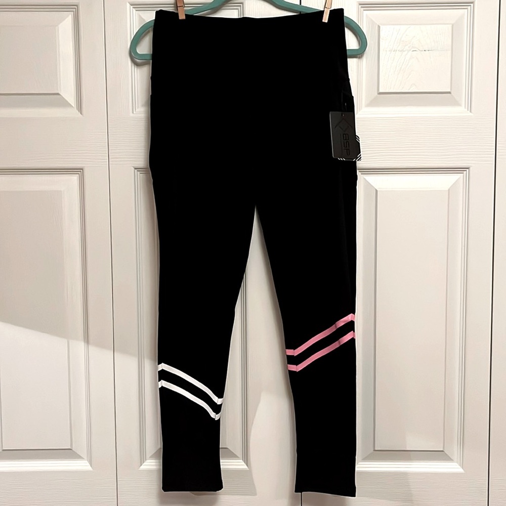 Women’s Black Leggings with Pink & White Stripes